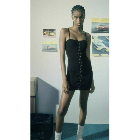 2/$30 Zara Black Hook and Eye Seamless Mini Ribbed Bodycon Dress Size XS - Picture 1 of 10